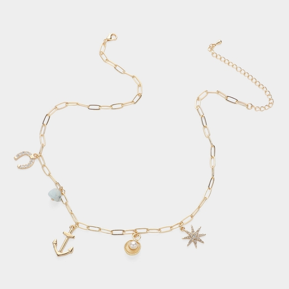 Gold Anchor Horseshoe Pendant Charm Necklace Statement Jewelry Paperclip Chain - Picture 2 of 2